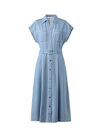 100% Cotton Denim Women V-Neck Maxi Shirt Dress With Belt GOELIA