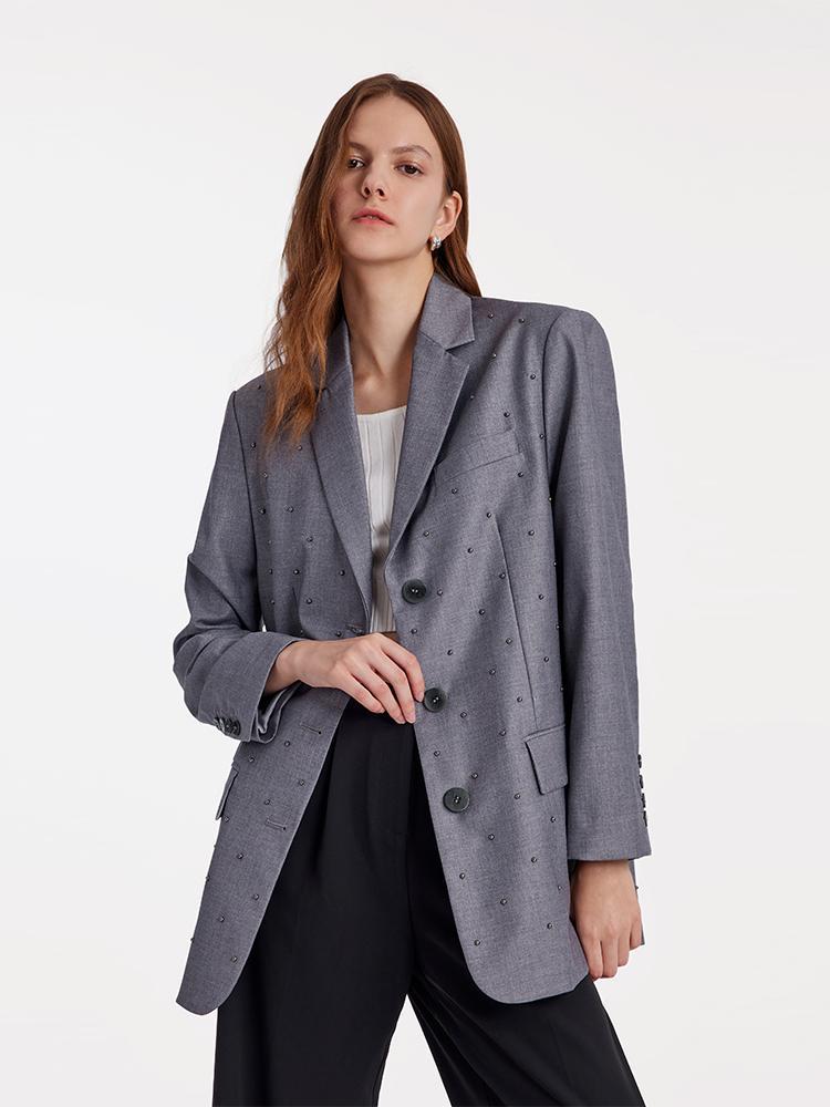 Grey Beaded Oversized Blazer GOELIA