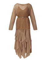 Sequins Knit Top And Strap Cascading Ruffle Dress Belted Two-Piece Set GOELIA