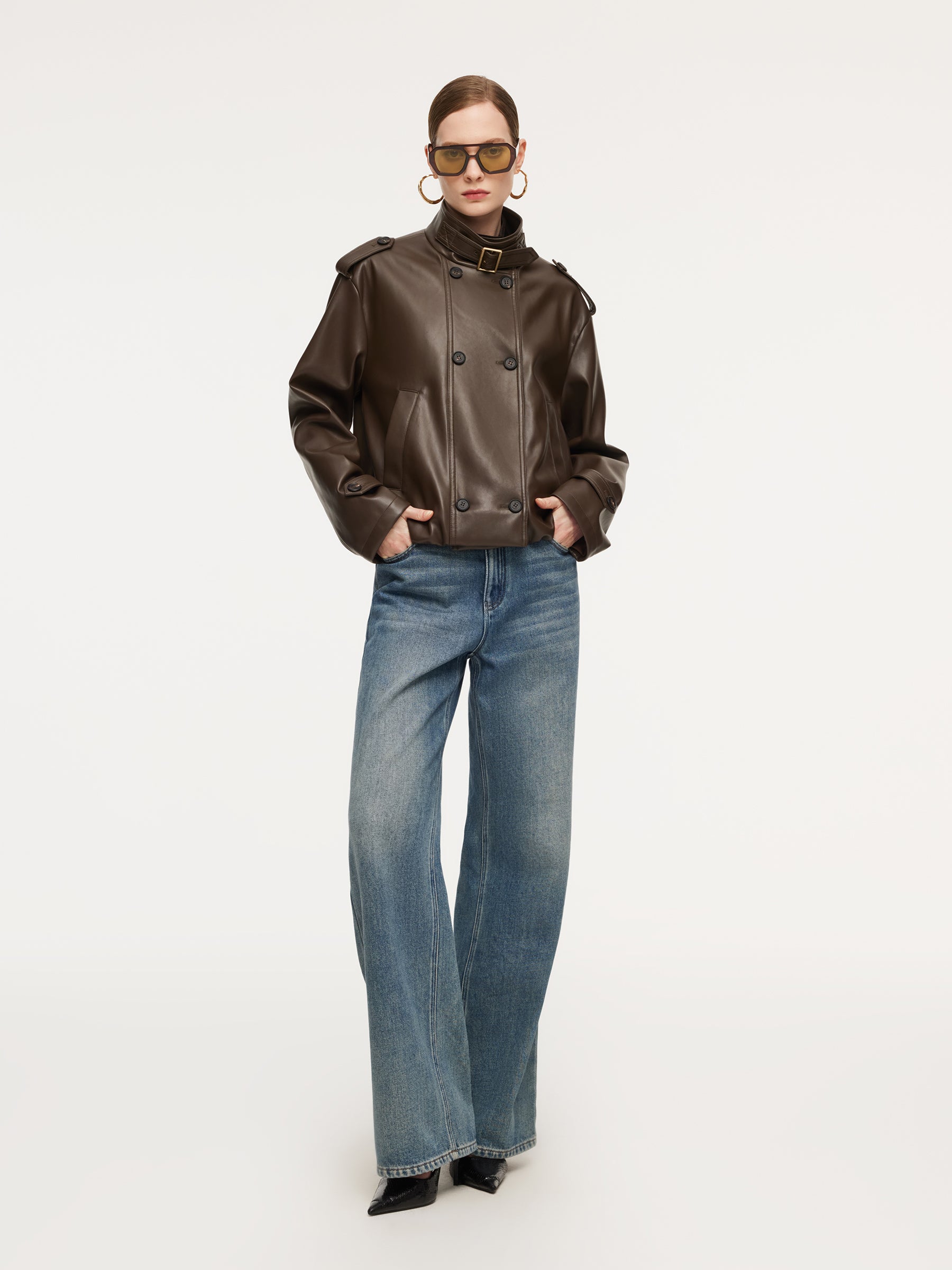 PU Leather Double-Breasted Women Trench Jacket GOELIA