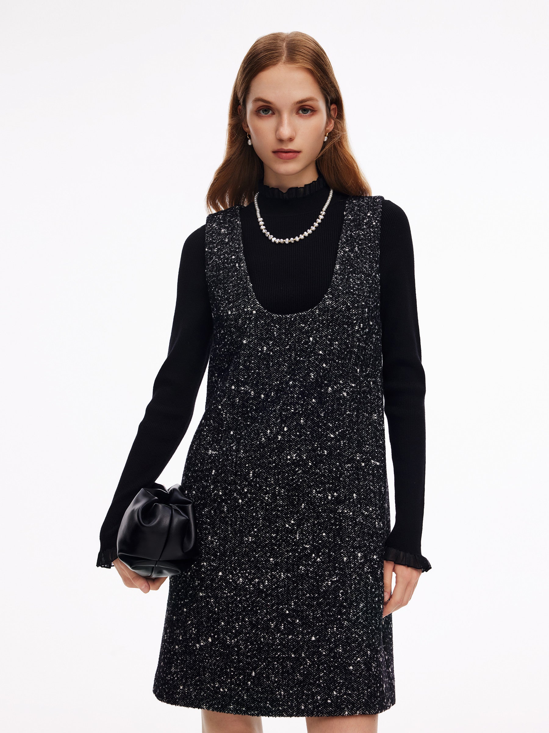 Wool Blend Sleeveless Mini Dress And Mock Neck Knit Top Two-Piece Set GOELIA
