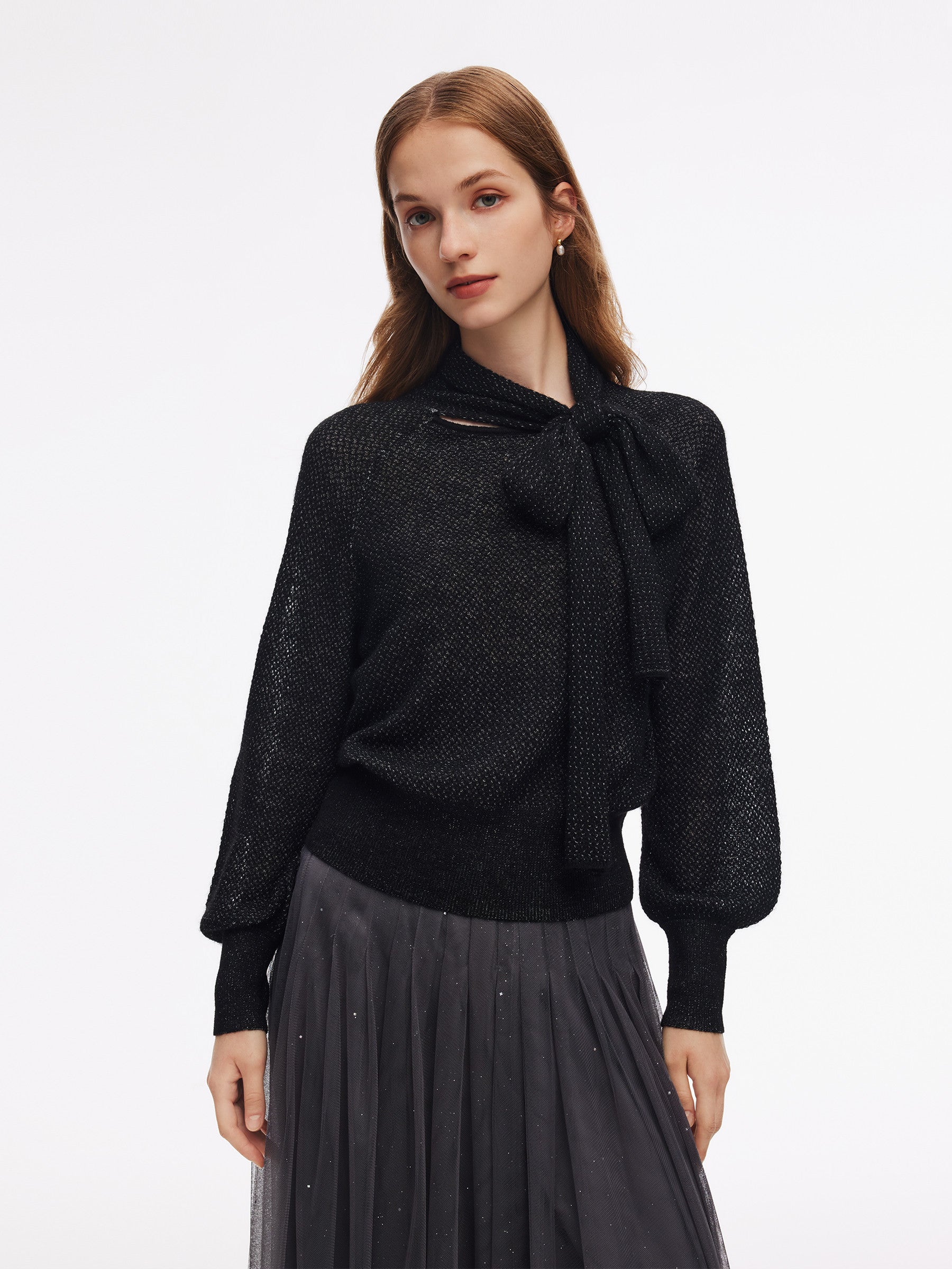 [Preview] Tie Front Balloon Sleeve Women Knit Top GOELIA