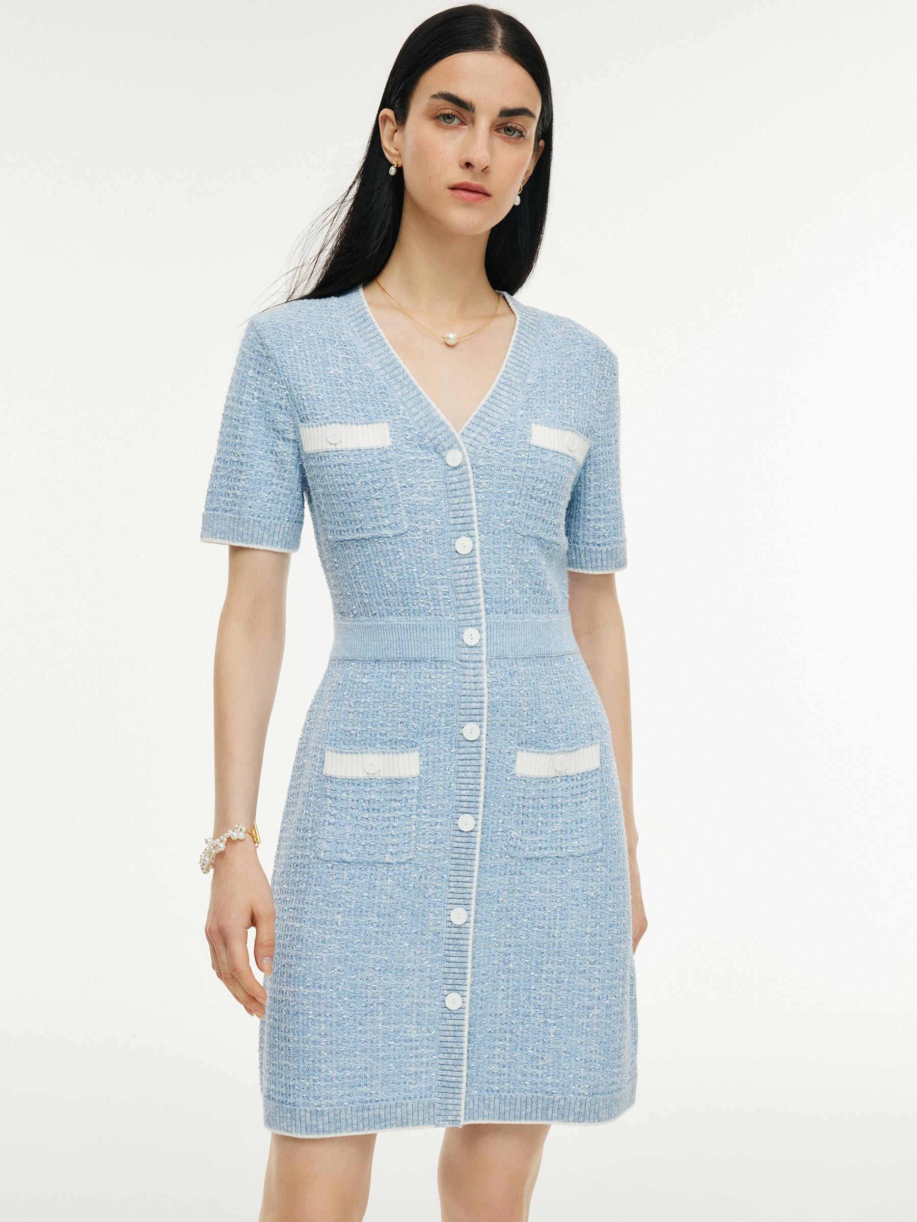 V-Neck Gathered Waist Women Knit Mini Dress GOELIA