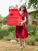 Petal Sleeves Gathered Waist V-Neck Women Midi Dress With Belt GOELIA