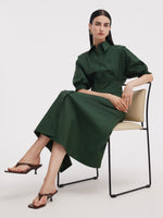Dark Green Gathered Waist Women Maxi Shirt Dress GOELIA