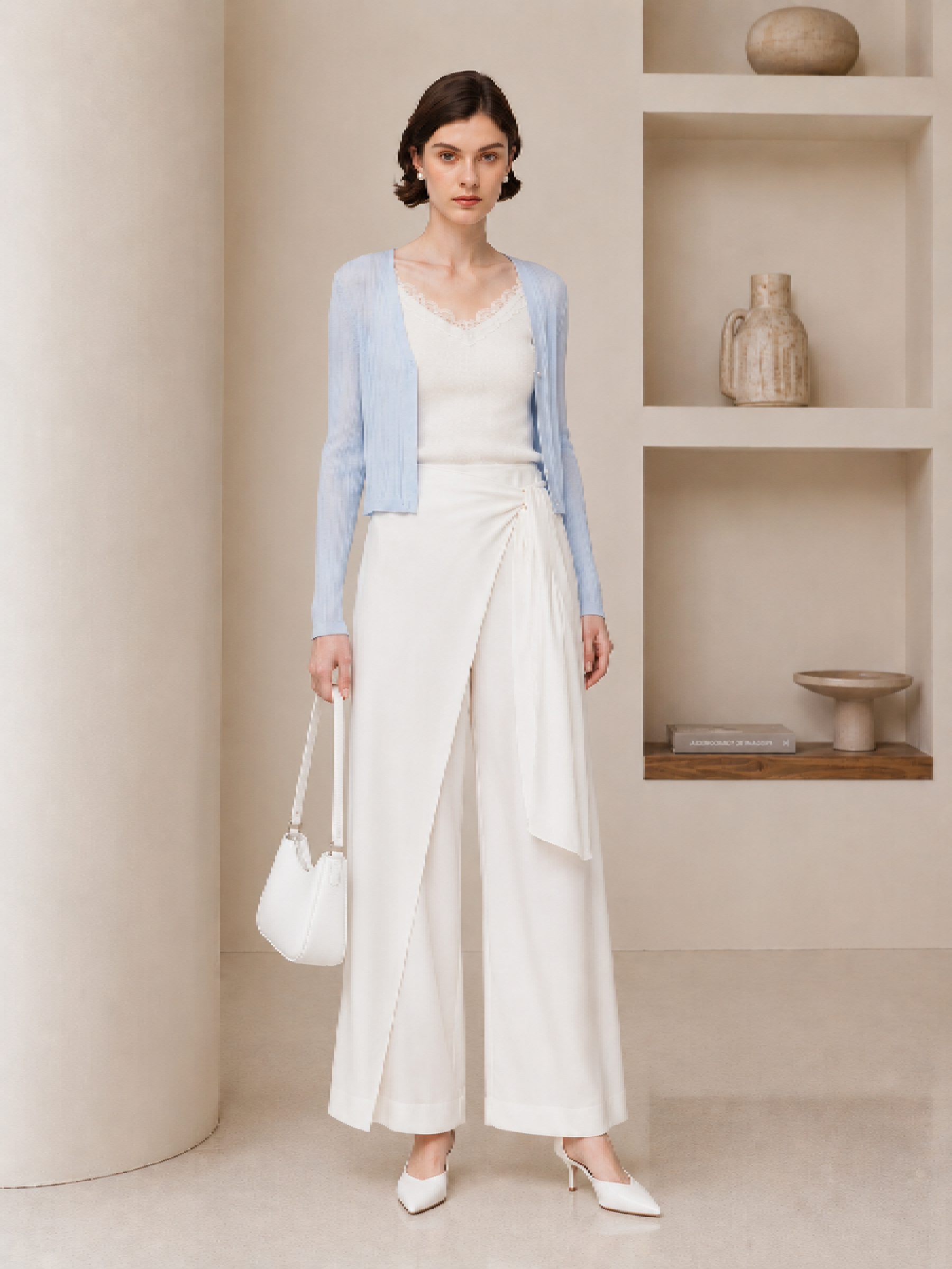 Lyocell Acetate Linen Blend Tie Front Women Pants GOELIA