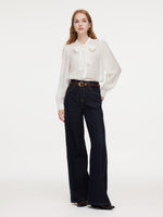 100% Cotton Denim Women Wide Leg Jeans With Belt GOELIA