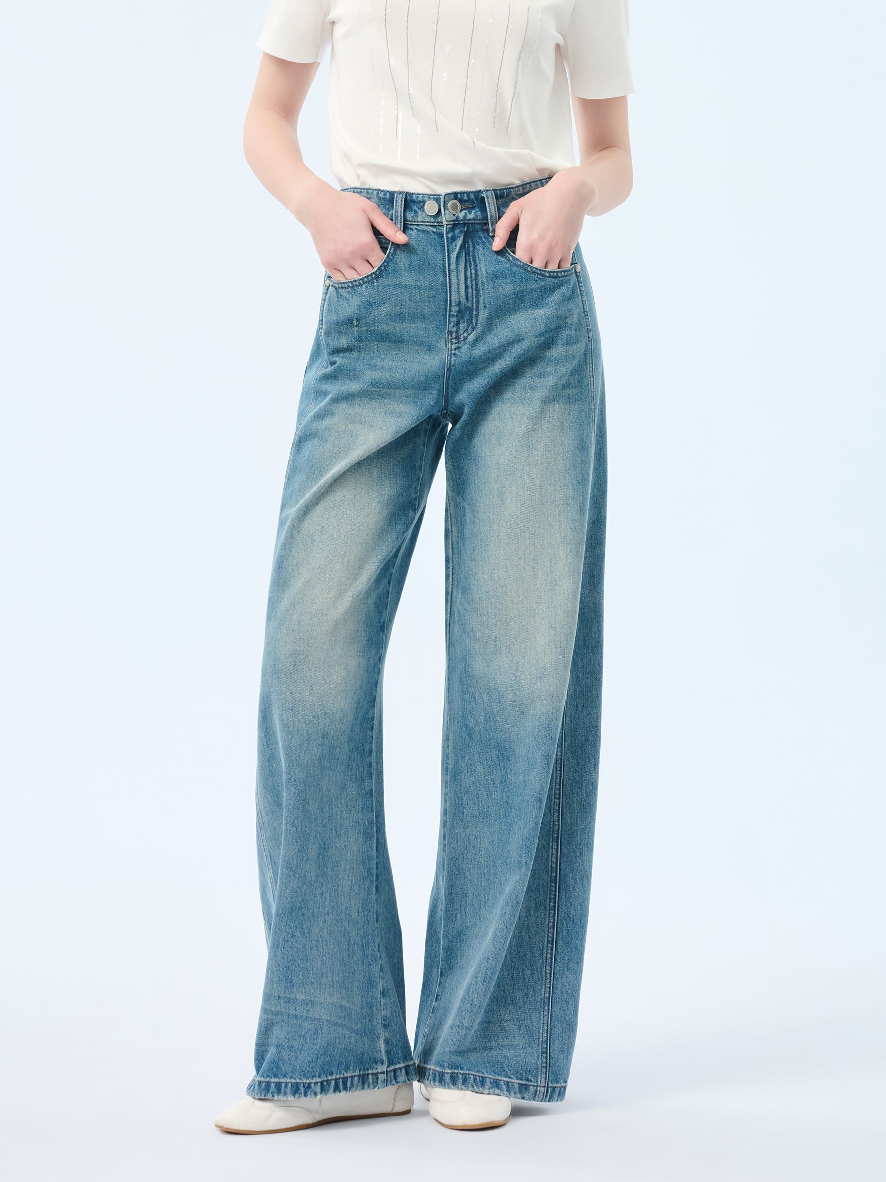 100% Cotton Denim Women Curved Leg Jeans GOELIA