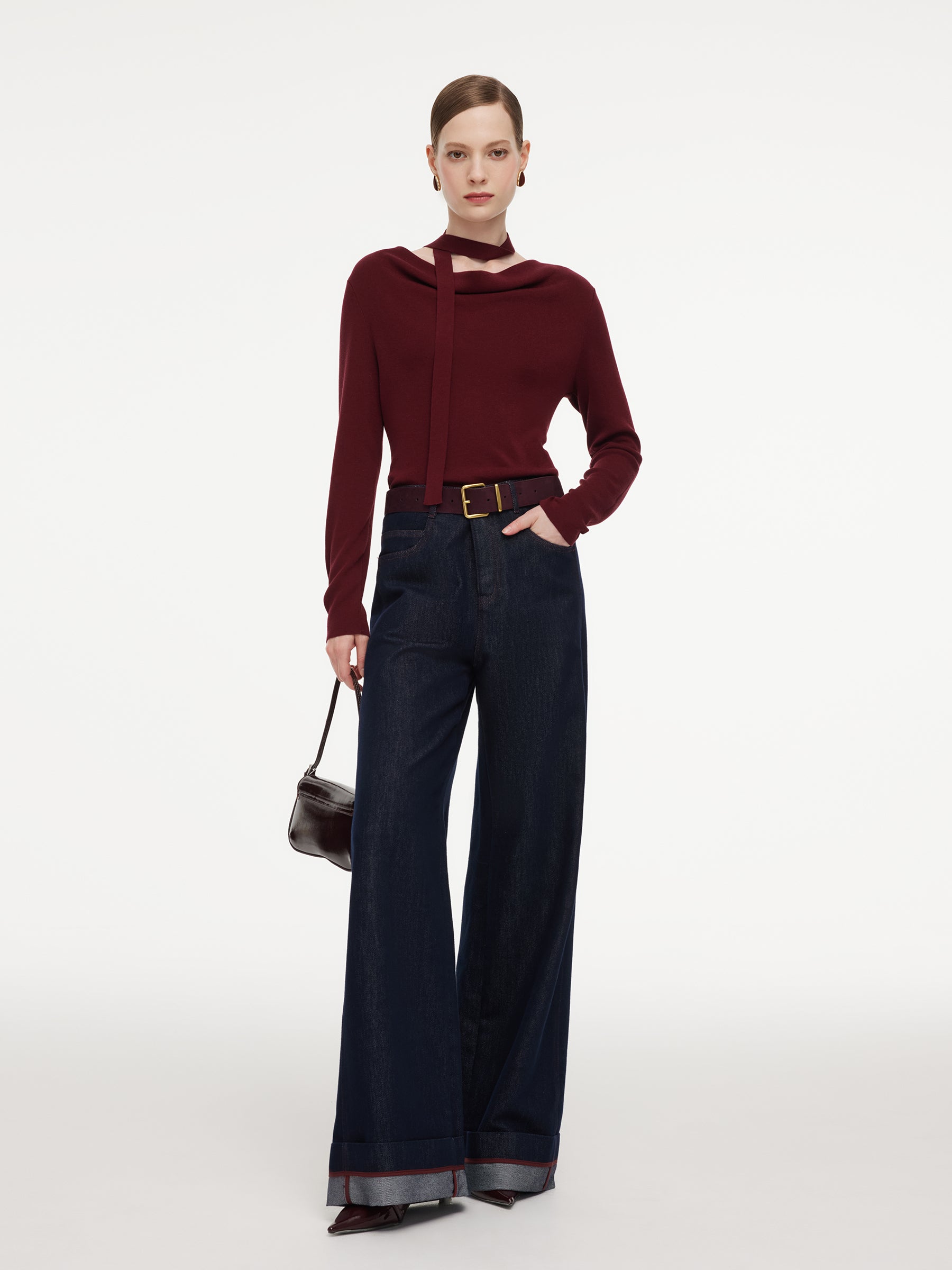 Tencel Wool Blend Cowl Neck Women Knit Top With Ribbon GOELIA