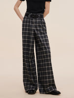 Plaid Loose Wide Leg Women Pants With Leather Belt GOELIA