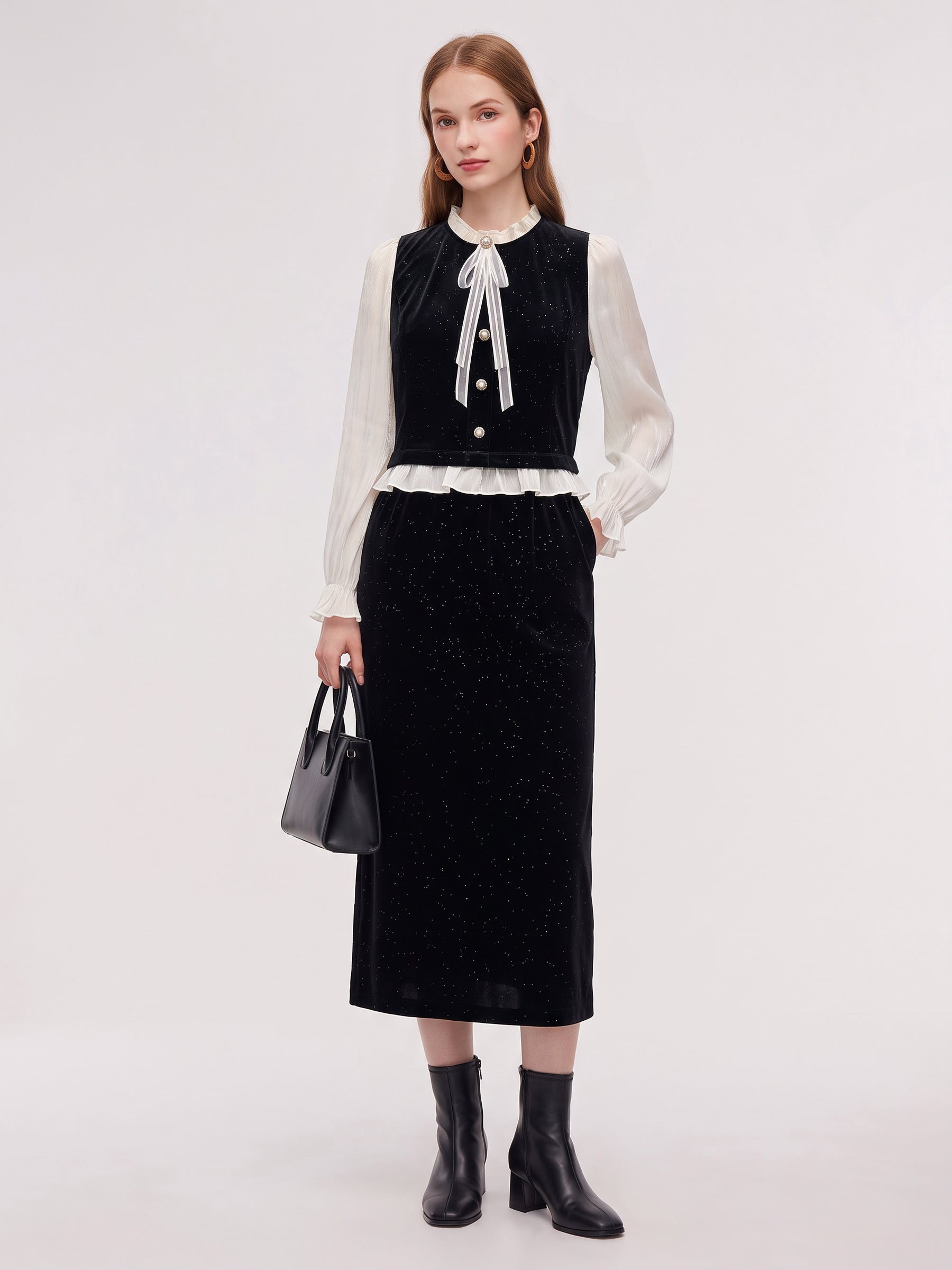 [Preview] Velvet Ruffle Top And Skirt Two-Piece Set With Detachable Bow GOELIA
