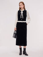 [Preview] Velvet Ruffle Top And Skirt Two-Piece Set With Detachable Bow GOELIA