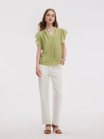 Acetate Blend V-Neck Women Ruffle Sleeve Blouse GOELIA