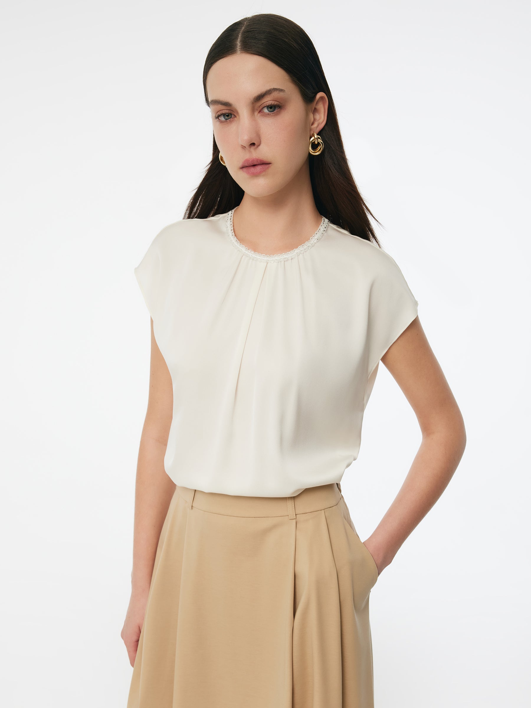 22MM Mulberry Silk Beaded Neck Women Top GOELIA