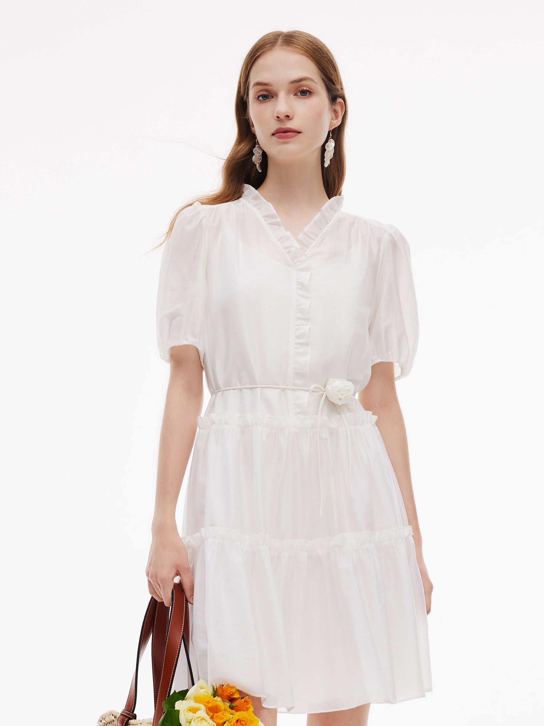 Tencel Blend Ruffle V-Neck Women Mini Dress With Slip Dress GOELIA