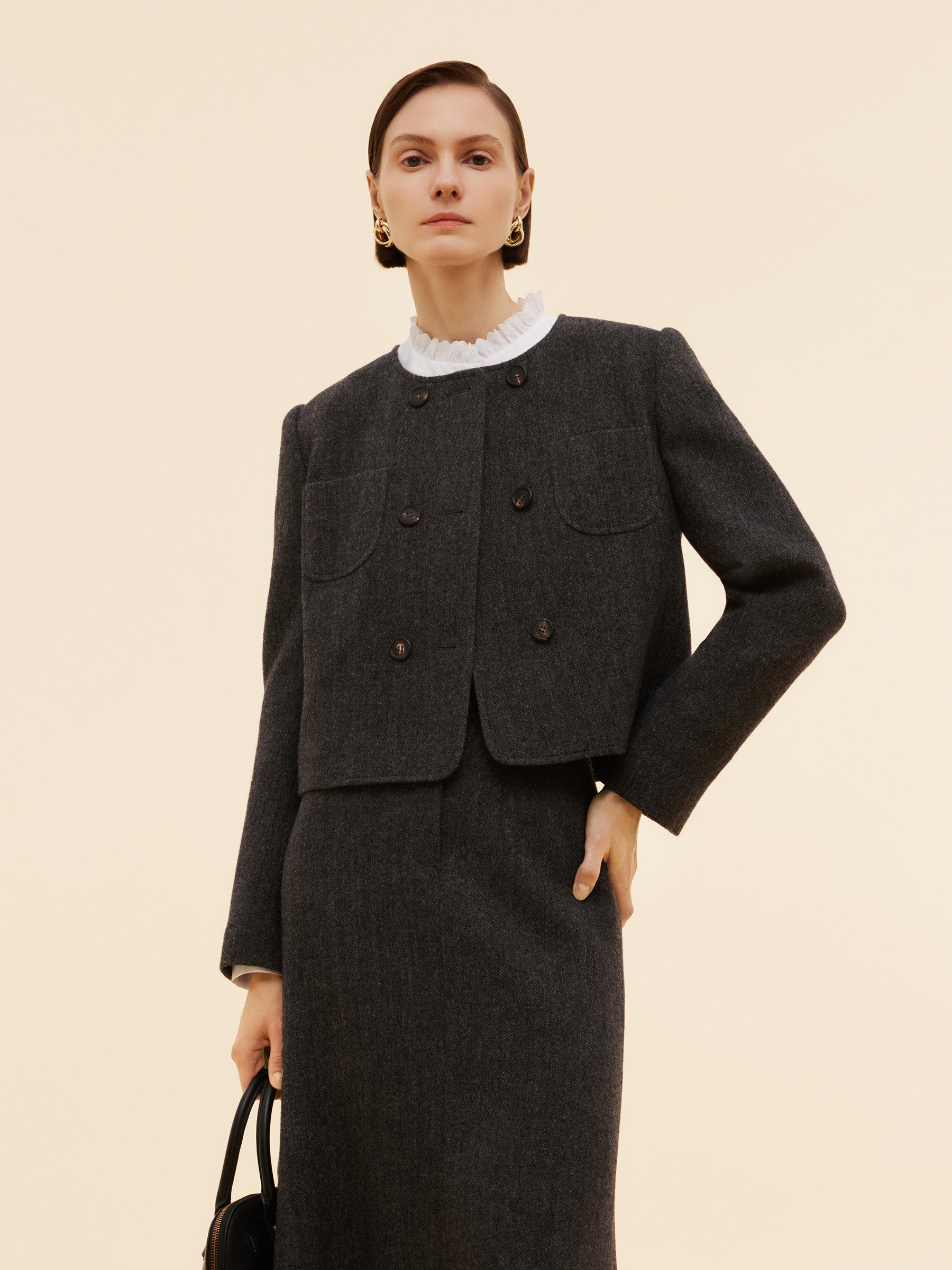 100% Washable Wool Women Double Breasted Crop Jacket GOELIA