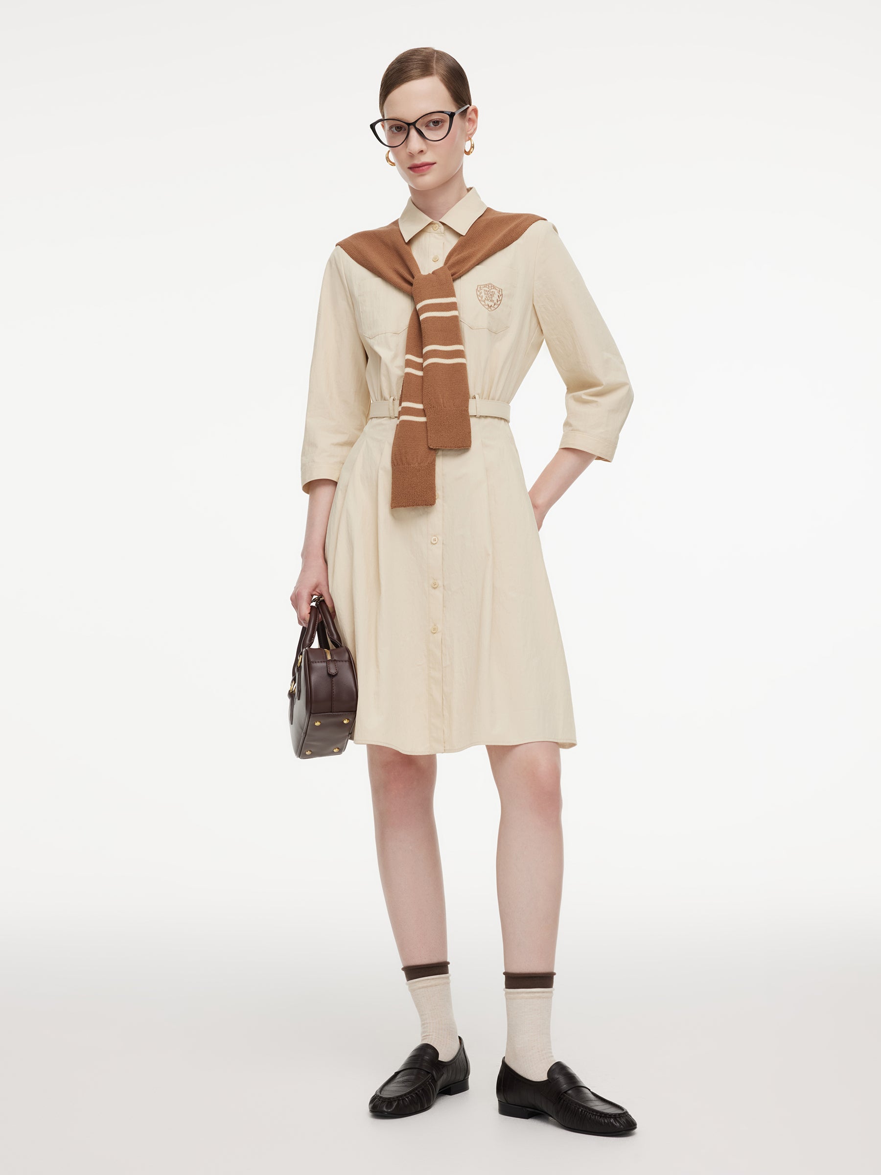 Cotton Letter Embroidered Women Belted Midi Shirt Dress With Detachable Sailor Collar GOELIA