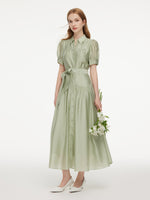Tencel Blend Puff Sleeve Women Belted Maxi Shirt Dress GOELIA
