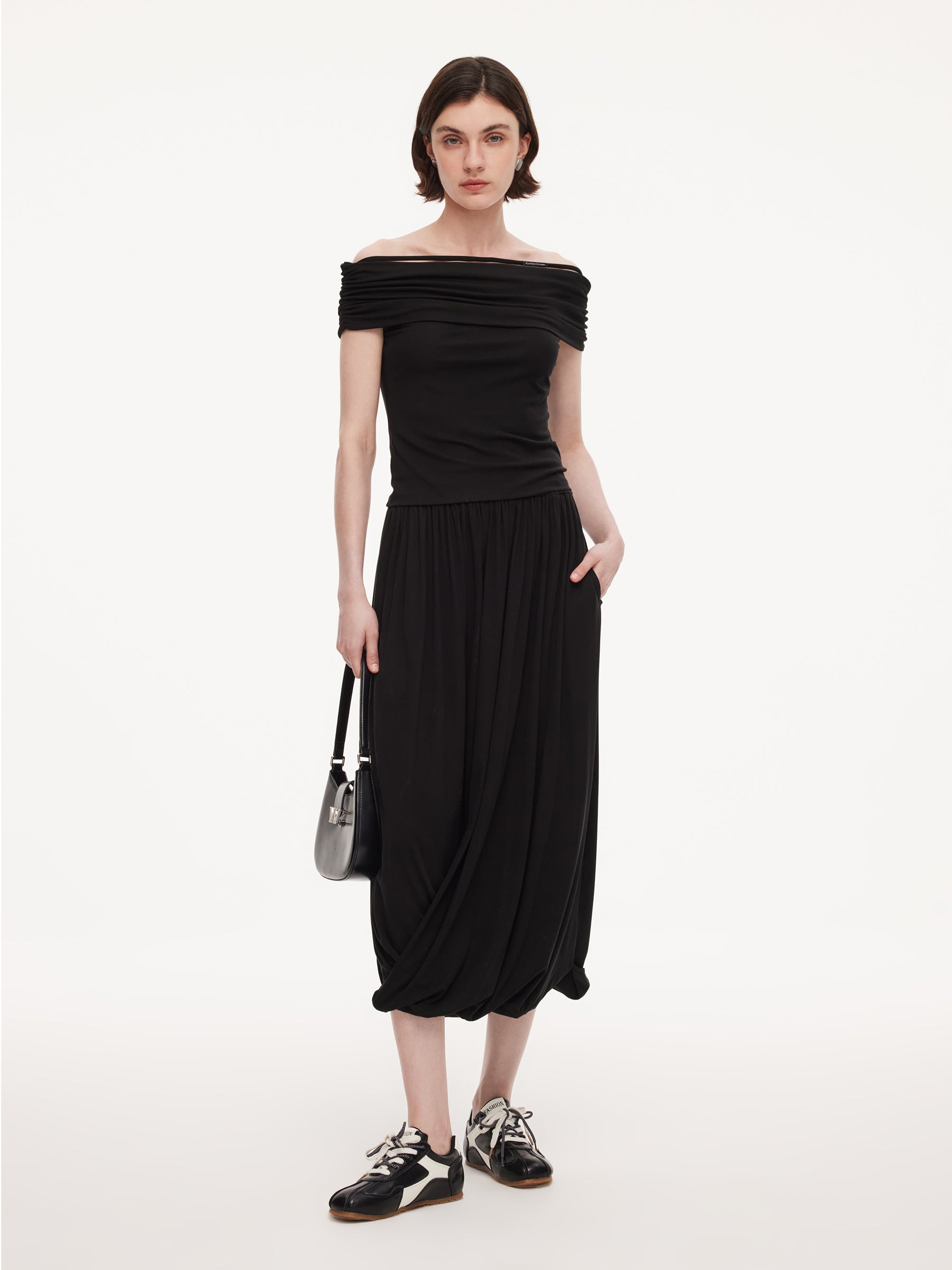 Tencel Blend Off Shoulder Knit Top And Bubble Hem Skirt Two-Piece Set GOELIA