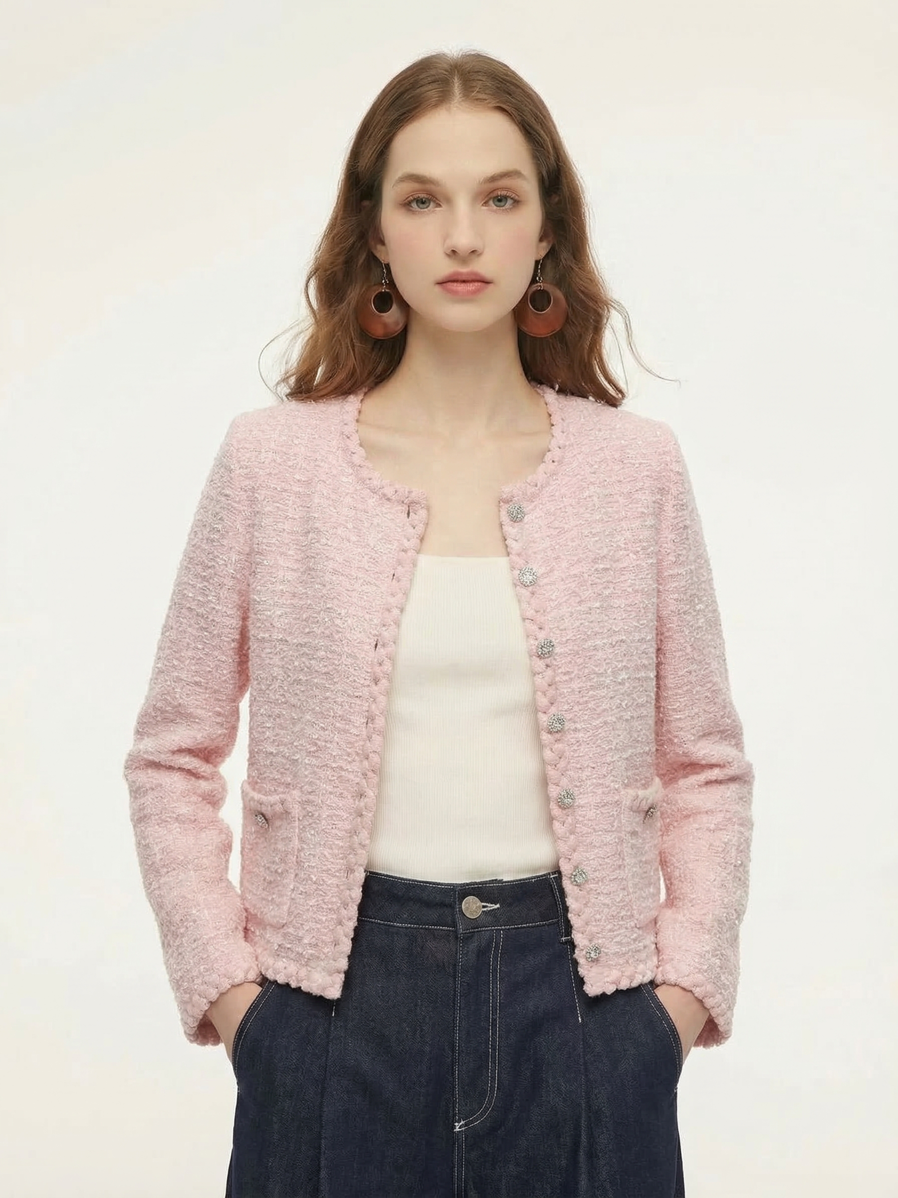 Round Neck Single-Breasted Women Textured Cardigan GOELIA