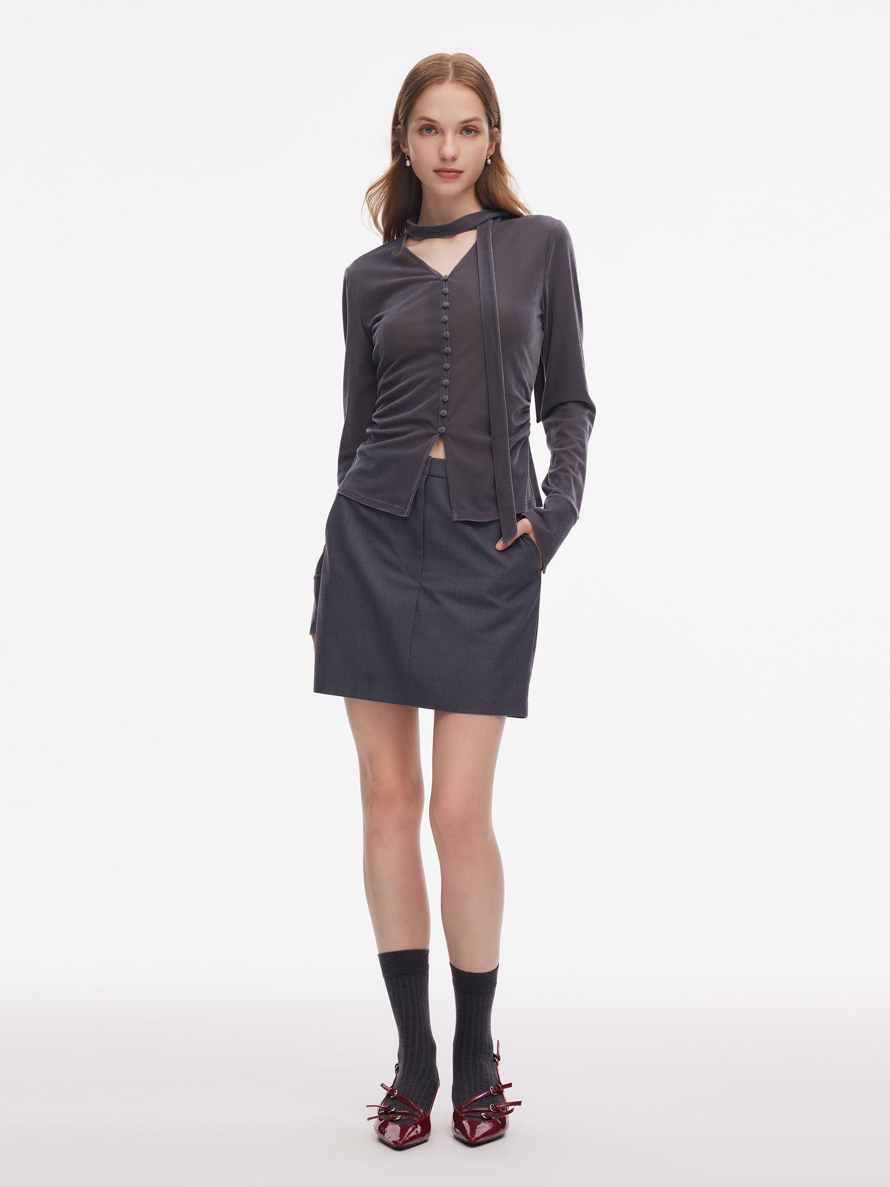 Velvet Stretch Ribbon V-Neck Women Top GOELIA