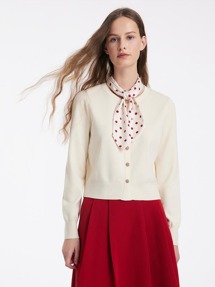 Tencel Wool Cardigan And A-Line Skirt With Polka Dot Scarf GOELIA