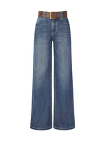 Lyocell Blend Denim Women Flared Palazzo Jeans With Belt GOELIA