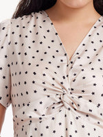 Beige Combo Print V-Neck Twisted Dress GOELIA