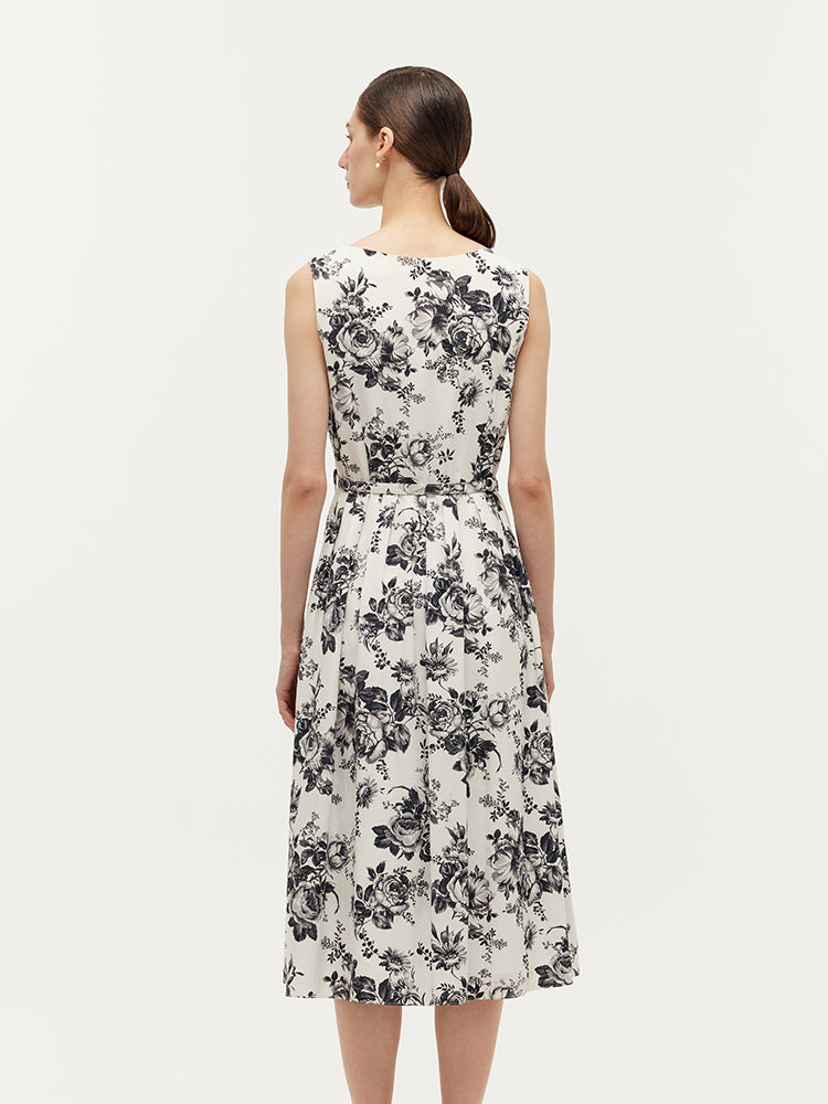 Tencel Print Gathered Waist Women Midi Vest Dress With Belt GOELIA