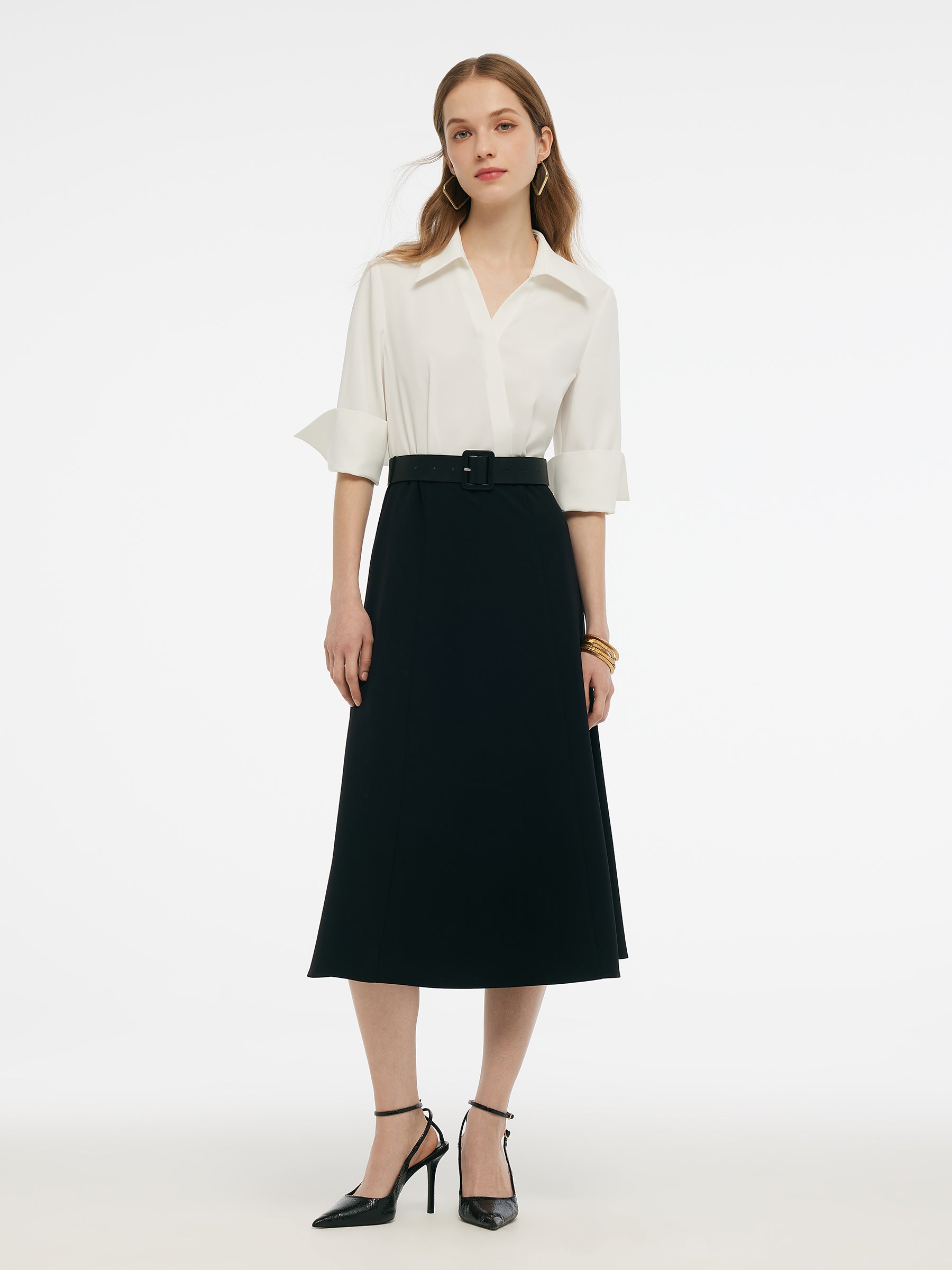 Faux Two-Piece Color Block Women Midi Dress With Leather Belt GOELIA