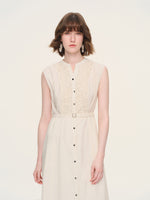 100% Cotton Gather-waisted Women Sleeveless Maxi Dress With Two Belts GOELIA