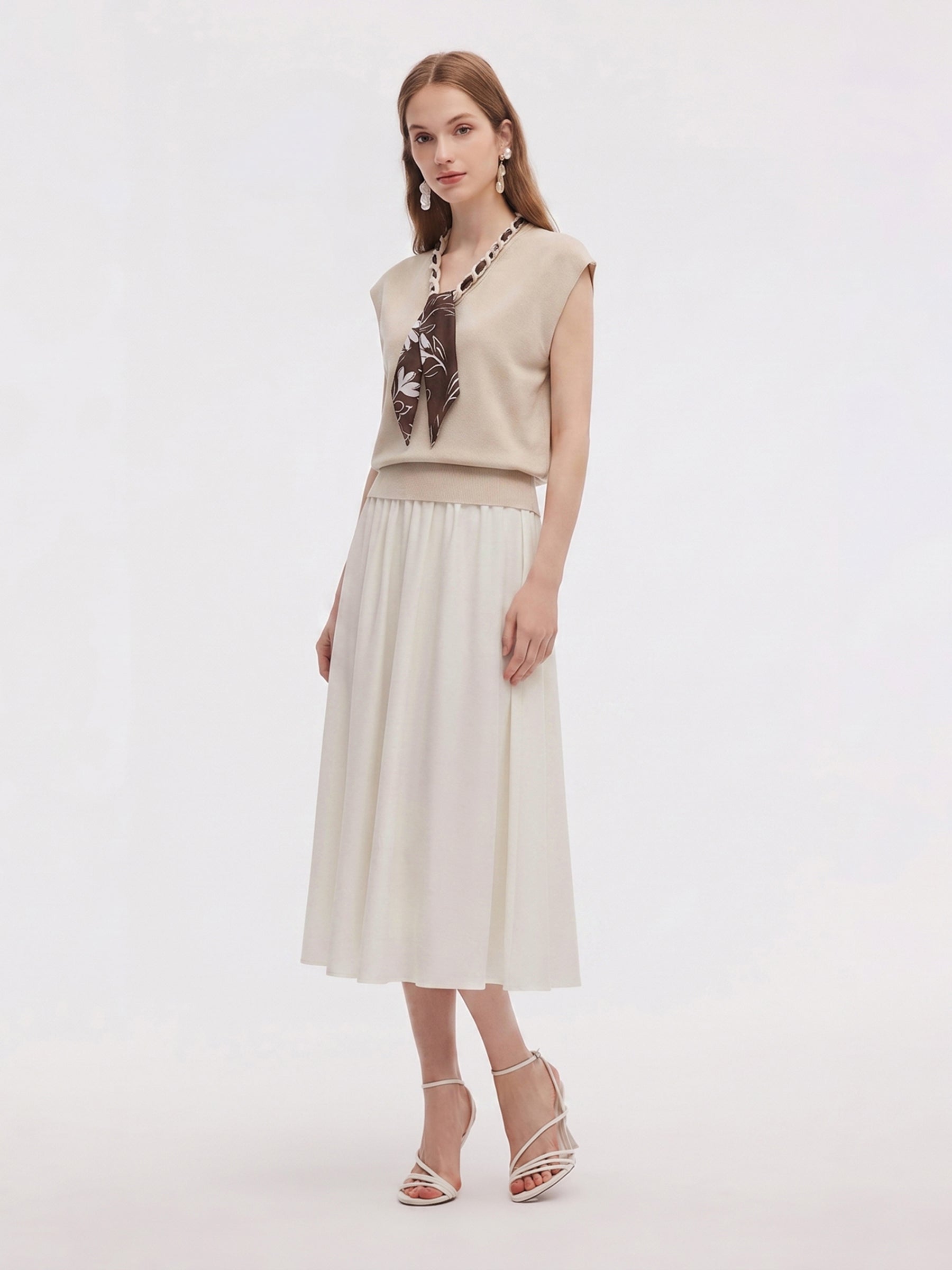 Silky Scarf Neck Knit Top And Acetate Blend Skirt Two-Piece Set GOELIA