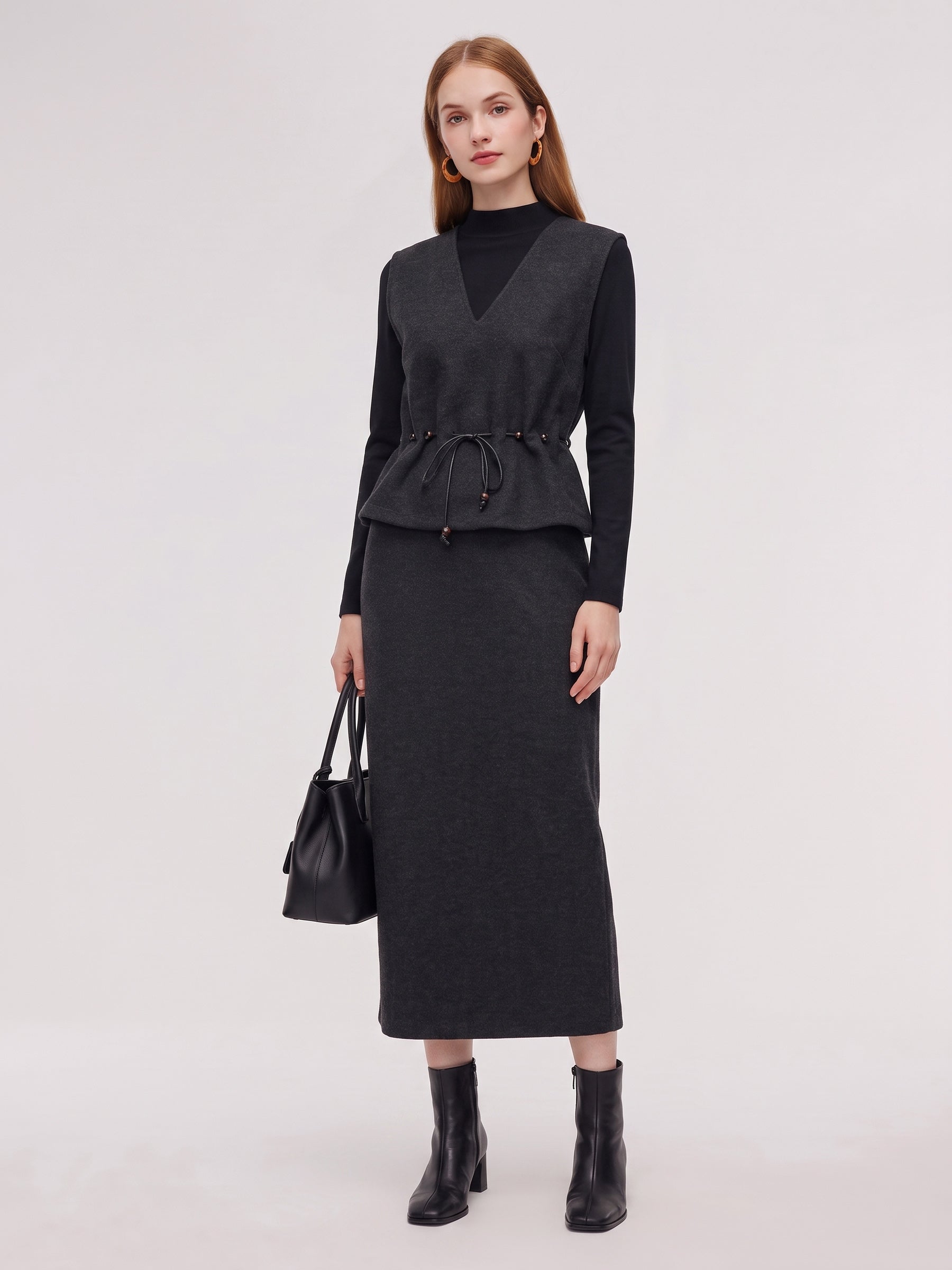 [Preview] Vest & Knit Top & Skirt Three-Piece Set With Belt GOELIA