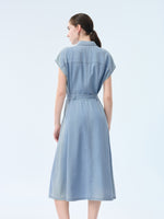 100% Cotton Denim Women V-Neck Maxi Shirt Dress With Belt GOELIA