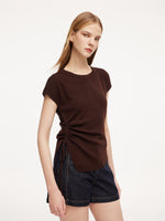 Lyocell Blend Side Drawstring Women Asymmetric Knit Top GOELIA
