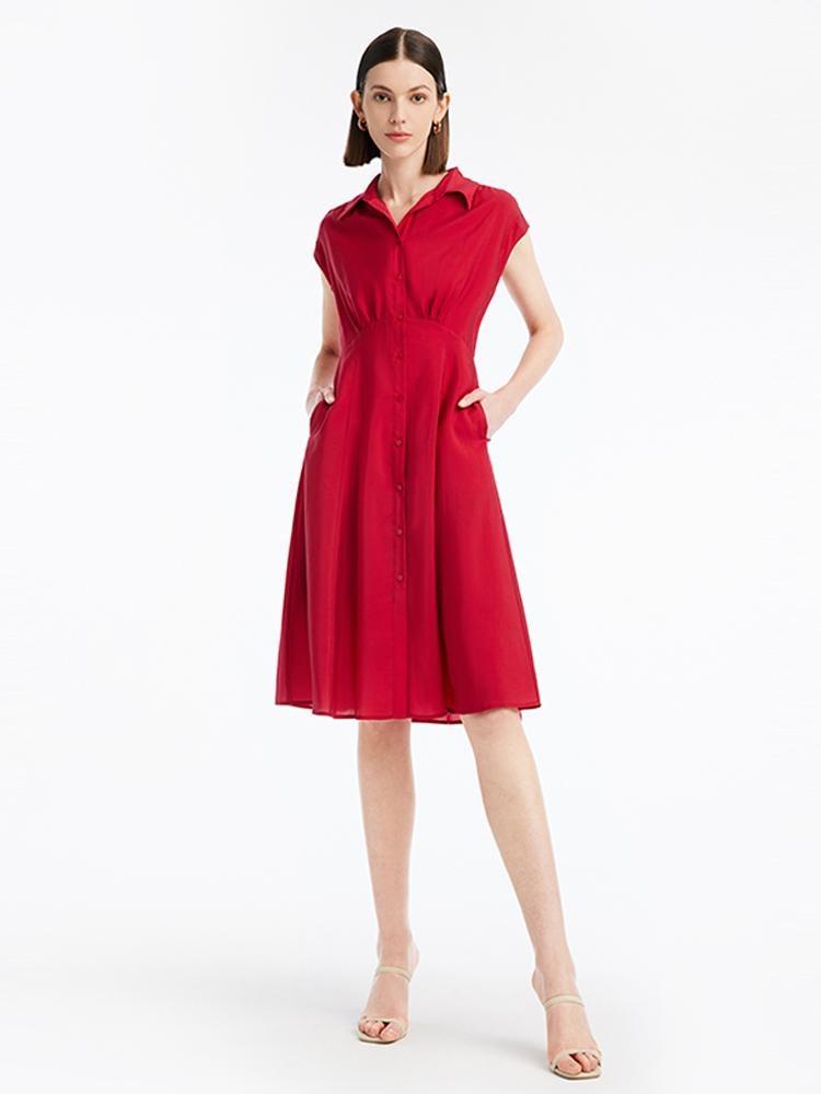 Red Tencel Shirt-style Midi Collared Dress GOELIA