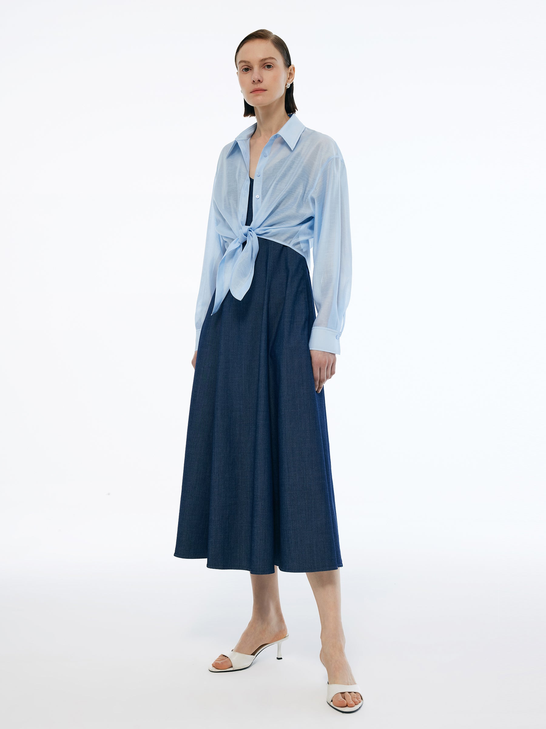 Lyocell Blend Crop Shirt And Denim Strap Maxi Dress Two-Piece Set GOELIA