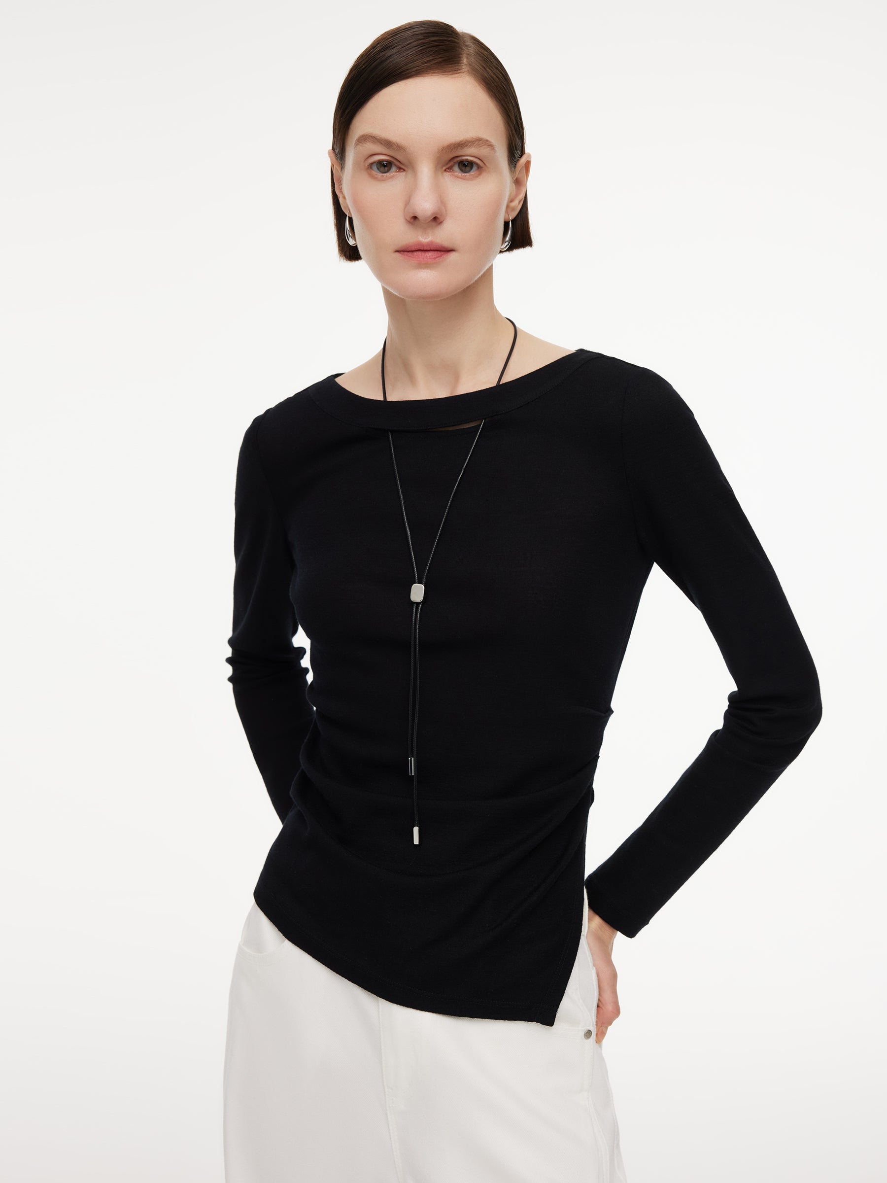 [Preview] Wool Blend Women Knit Top With Detachable Lariat Necklace GOELIA
