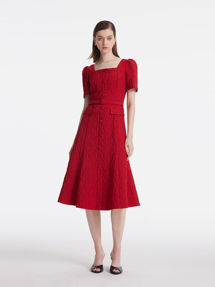 Jacquard Square Neck Single-Breasted Women Midi Dress With Belt GOELIA