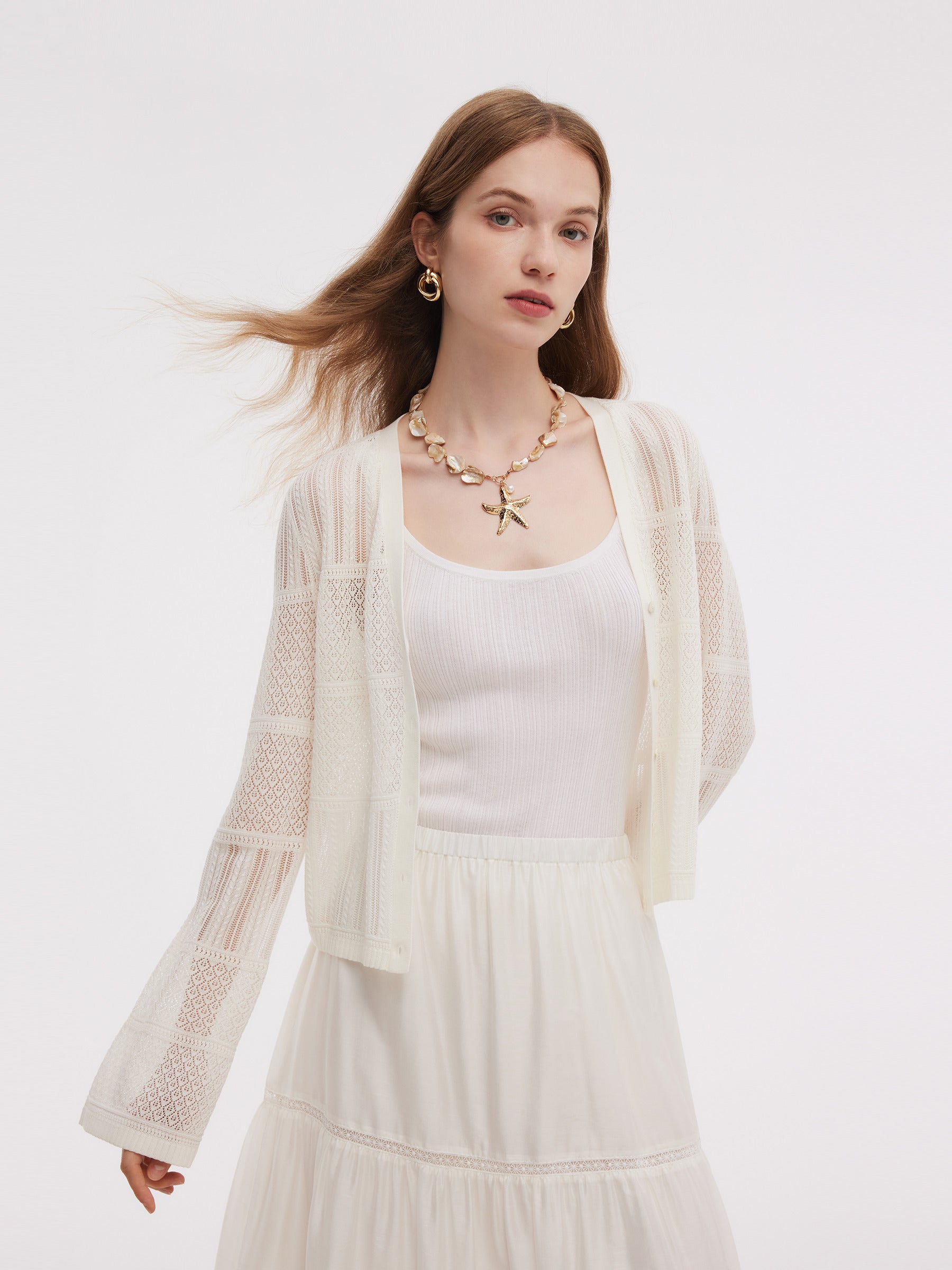 Tencel Blend Openwork Women Flared Sleeve Cardigan GOELIA