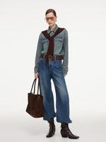 Tencel Cotton Blend Denim Women Shirt With Detachable Rhinestone Ties GOELIA