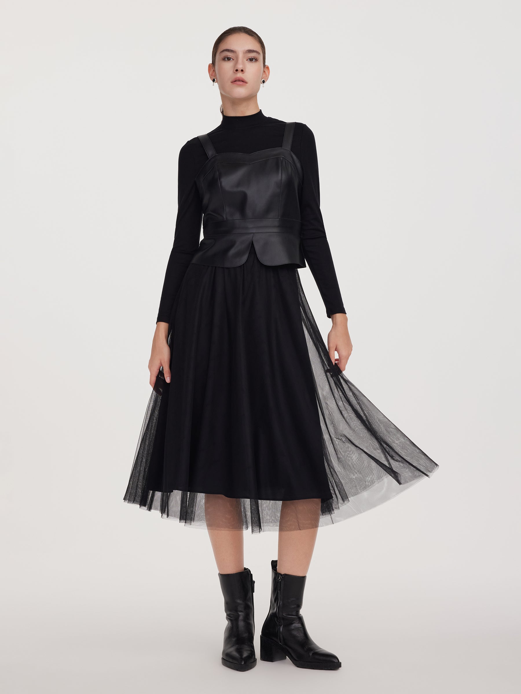 PU Leather Bustier Top & Knit Top & Mesh Skirt Three-Piece Set GOELIA