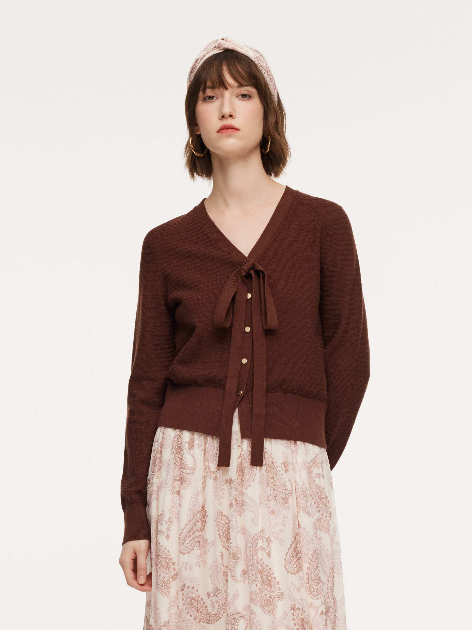 Tencel Wool Blend V-Neck Women Cardigan With Detachable Ribbon GOELIA