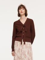 Tencel Wool Blend V-Neck Women Cardigan With Detachable Ribbon GOELIA