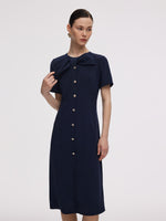 Triacetate Bowknot Women Gathered Waist Midi Dress GOELIA