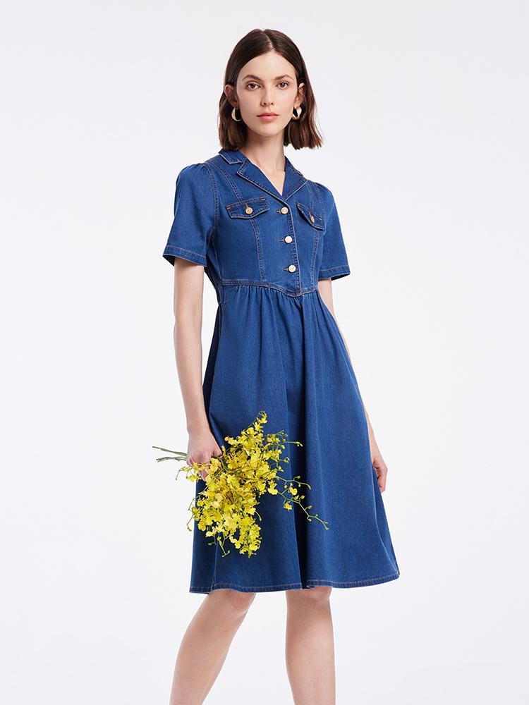 V-neck Gathered Waist Denim Midi Collared Dress GOELIA