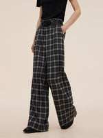 Plaid Loose Wide Leg Women Pants With Leather Belt GOELIA