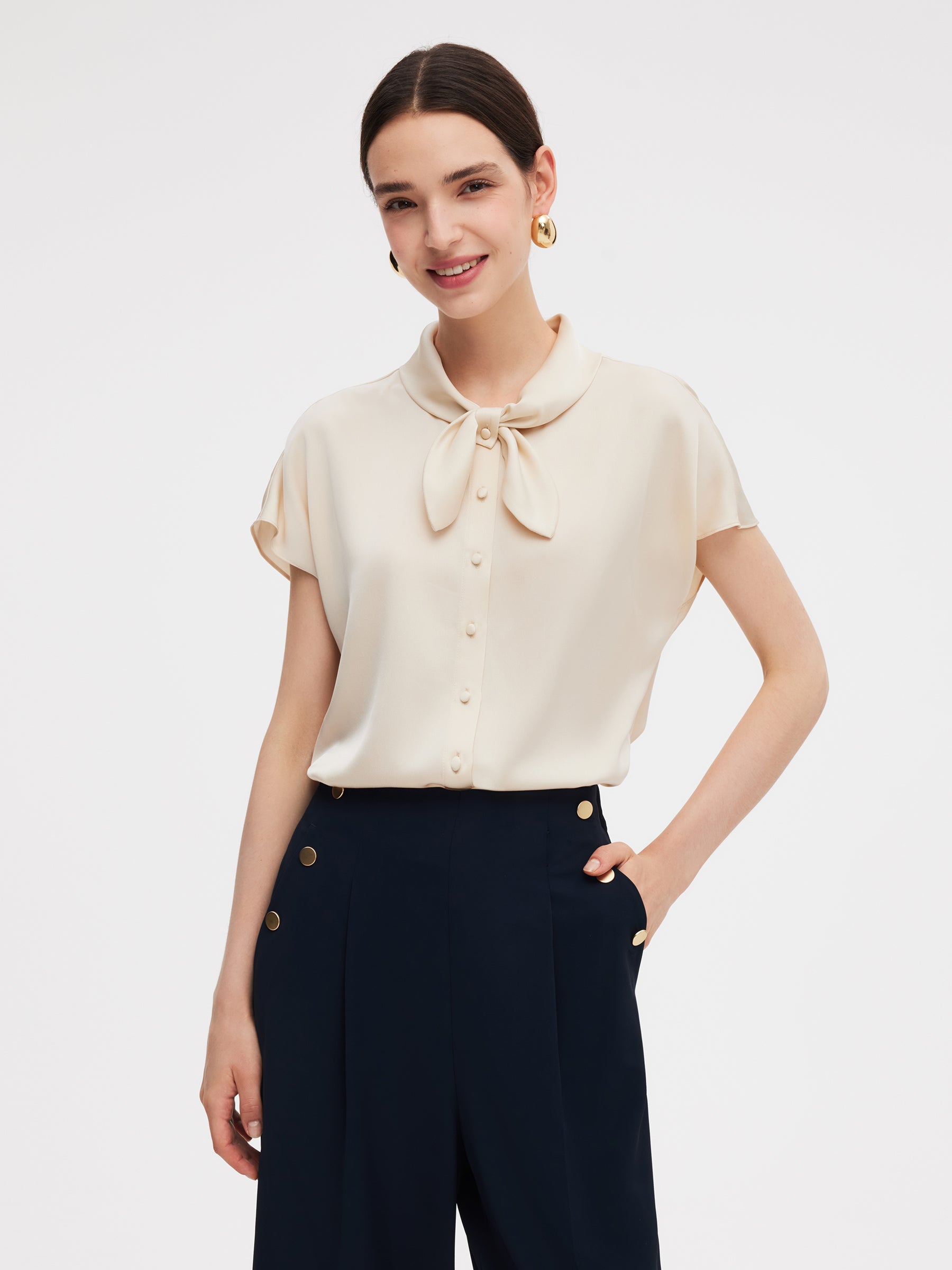 22MM Mulberry Silk Women Bow Tie Neck Shirt GOELIA