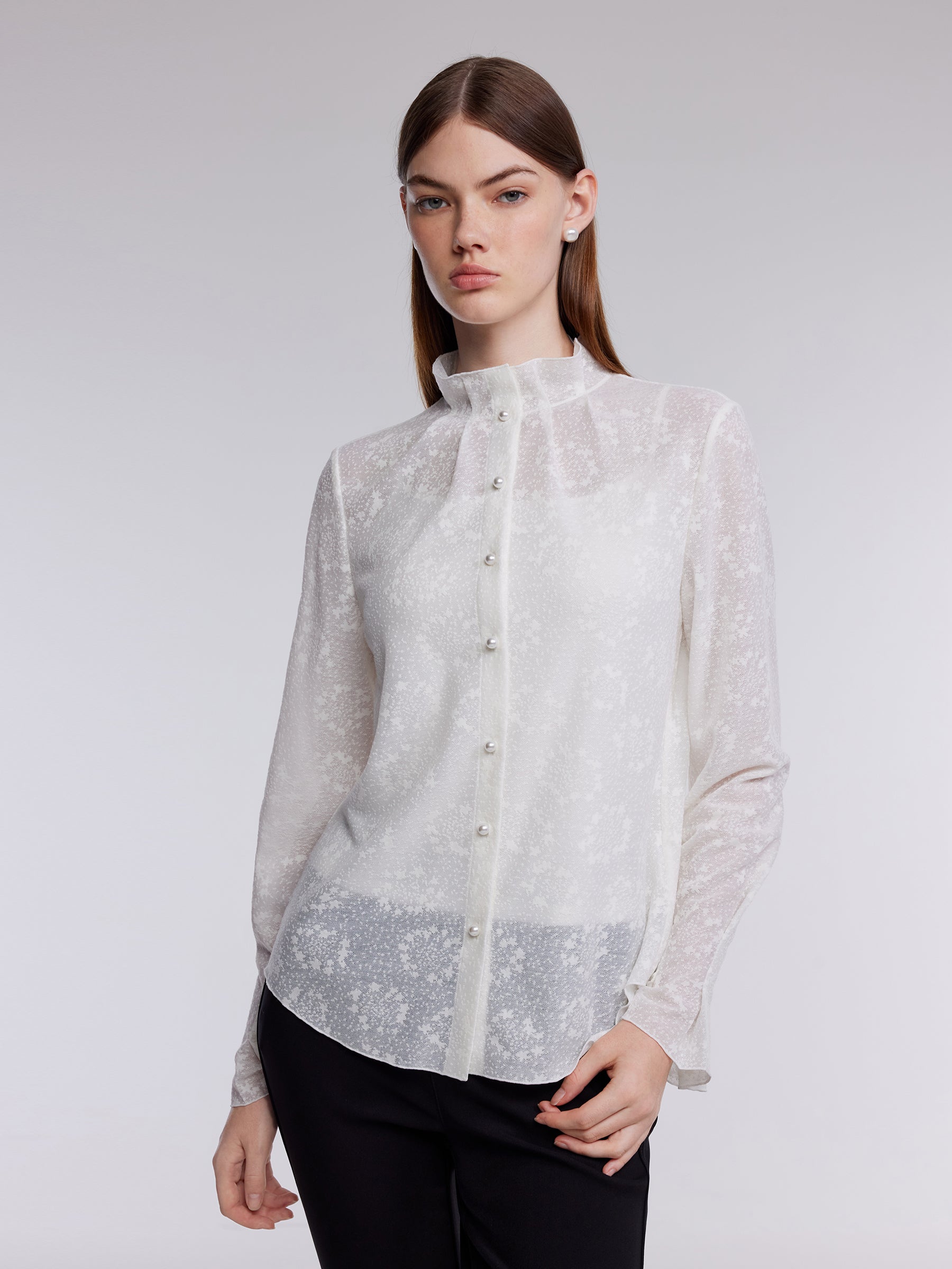 Jacquard Ruffle Collar Women Knit Shirt With Camisole GOELIA