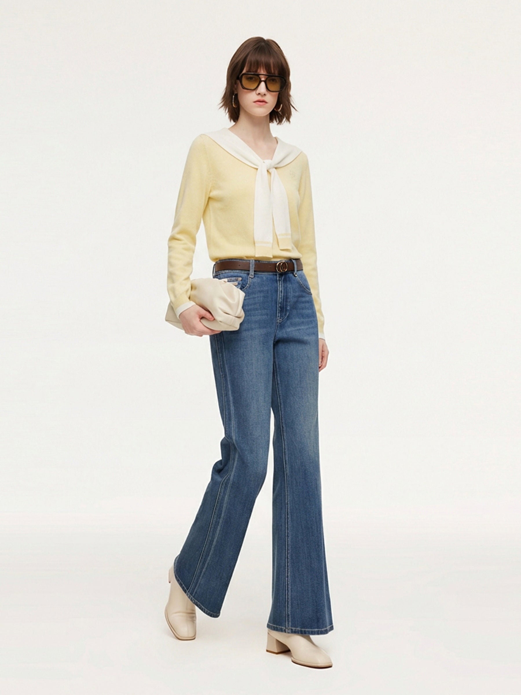 Lyocell Wool Blend V-Neck Women Cardigan With Detachable Sailor Collar GOELIA